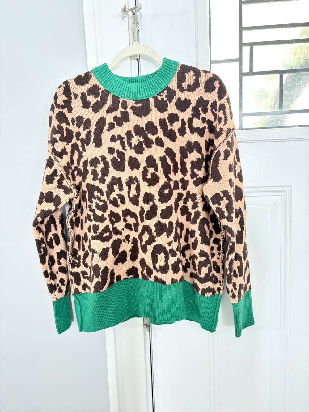 aerie Leopard-Print Crewneck Sweater with Green Trim